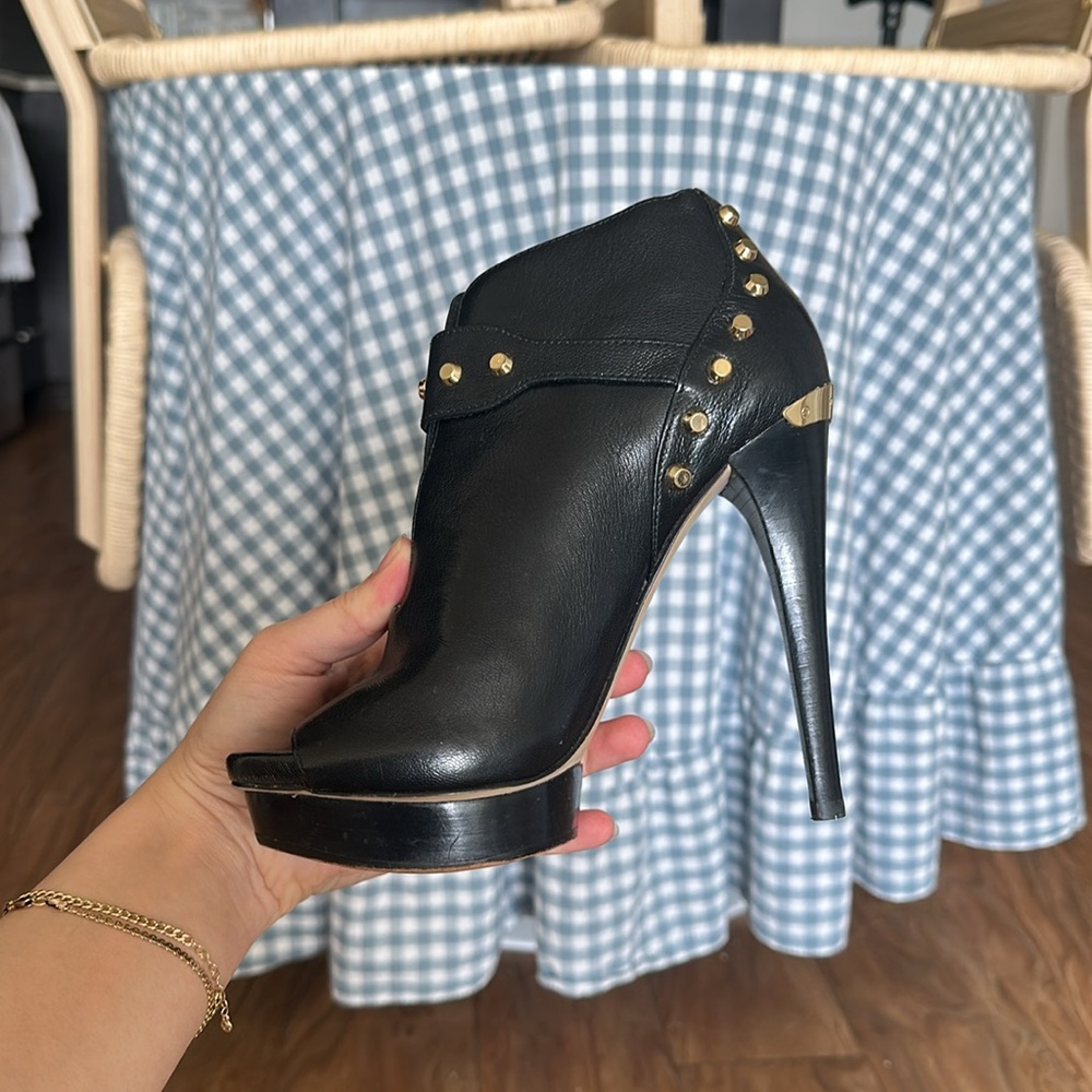 Michael Kors Ailee Peep Toe Gold Stud High Heel Platform Booties